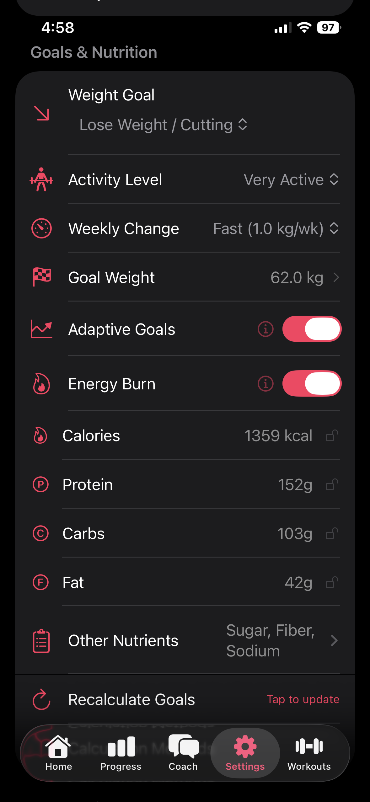 Fud AI goals and nutrition settings with adaptive goals and energy burn