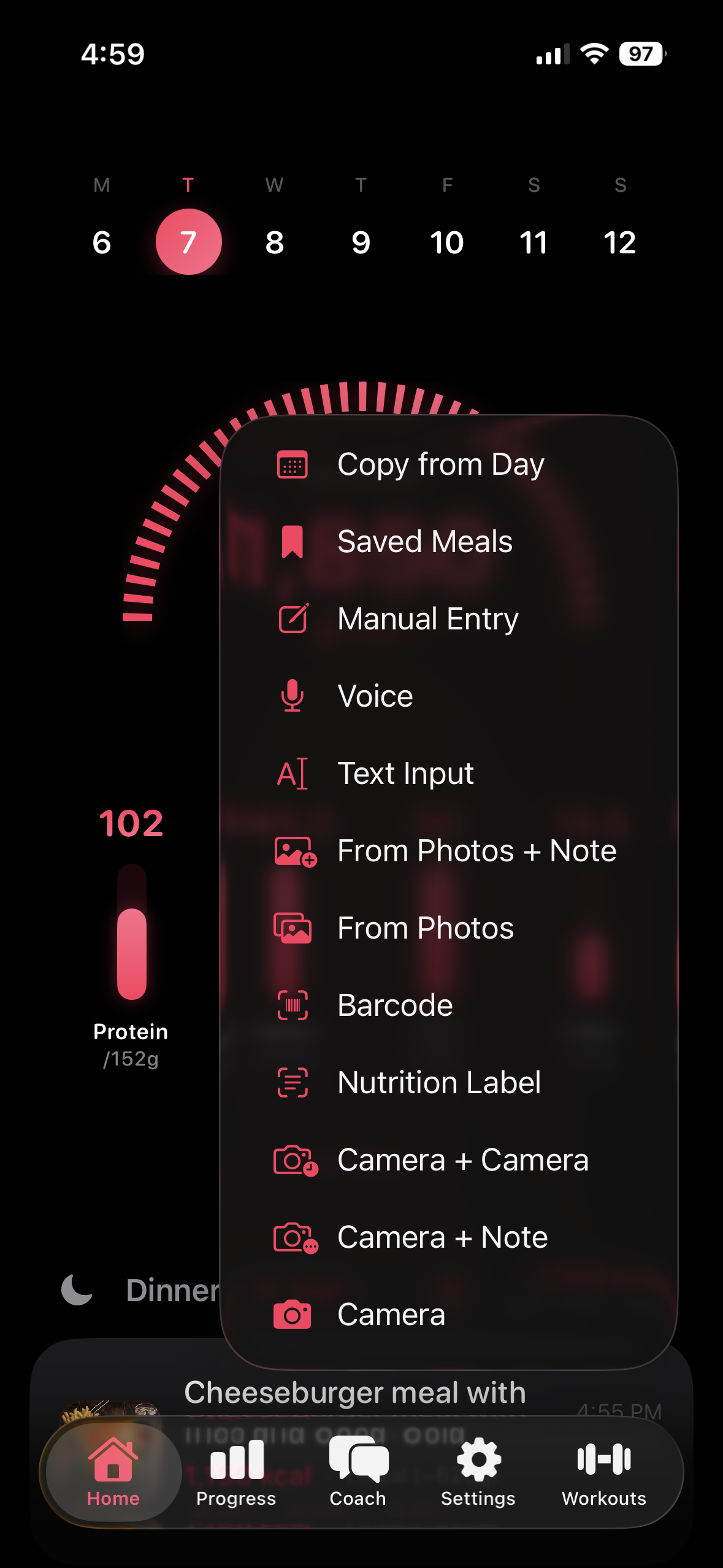 Fud AI logging options for camera, barcode, voice, text, Siri, manual entry, and saved meals