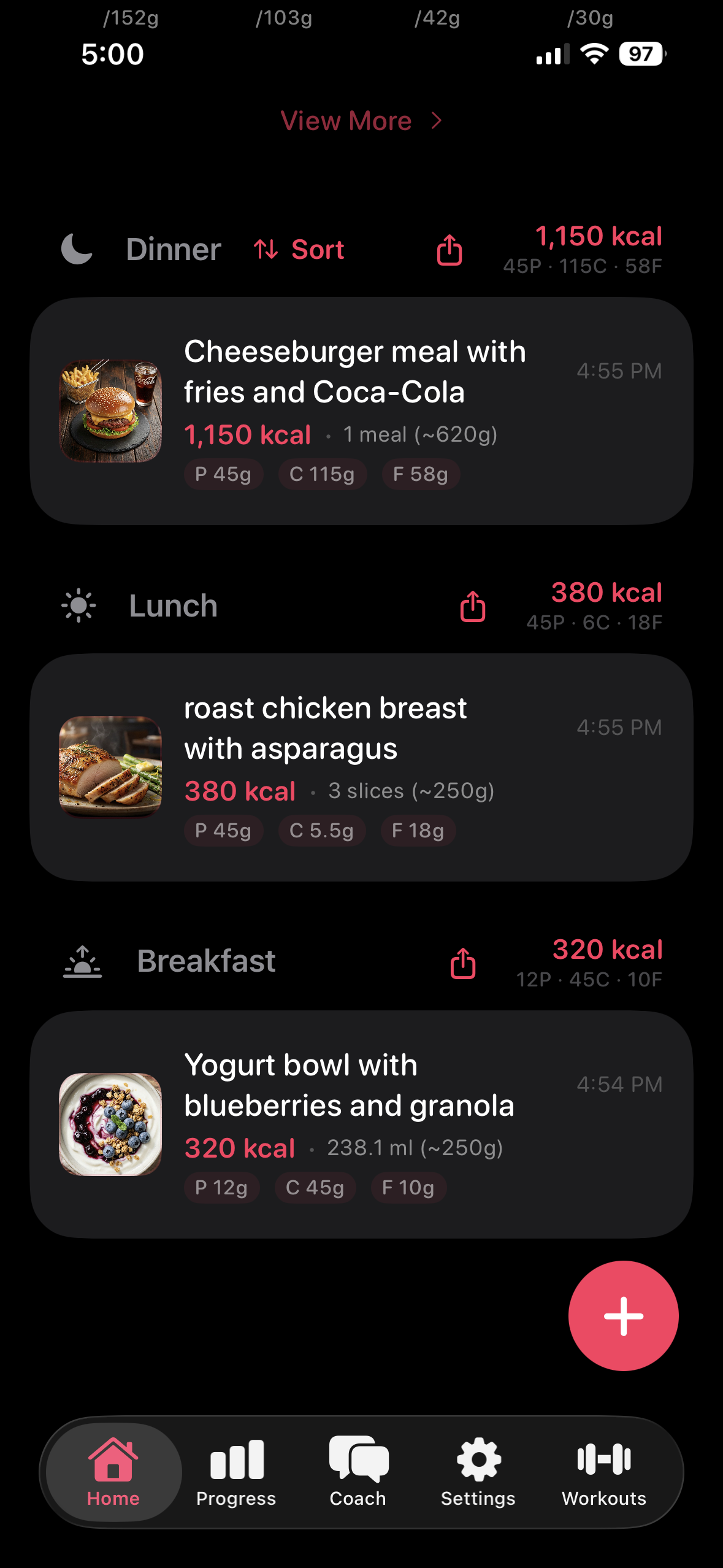 Fud AI food log with meal entries and nutrition totals