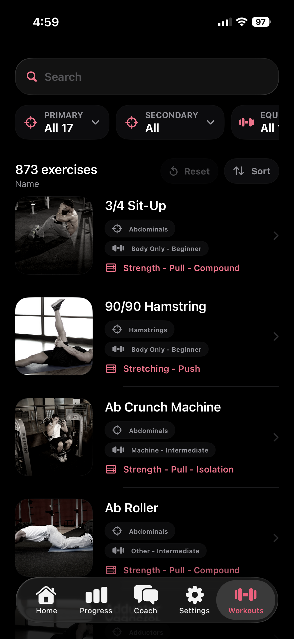 Fud AI workout exercise library with muscle and equipment filters